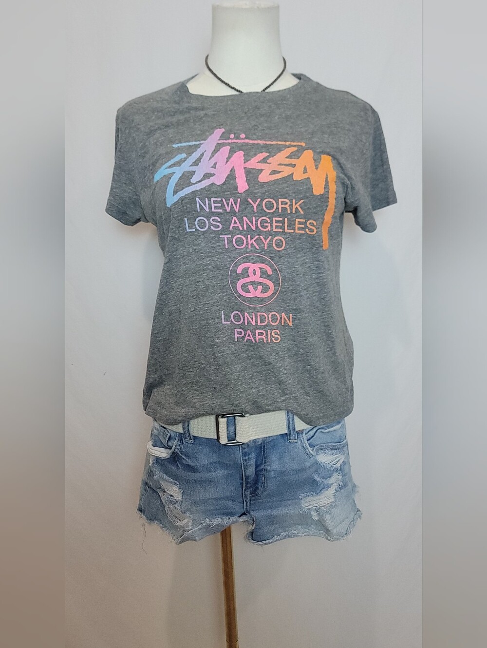 Stussy Gray Graphic Tee with Multicolor Script, Size Medium